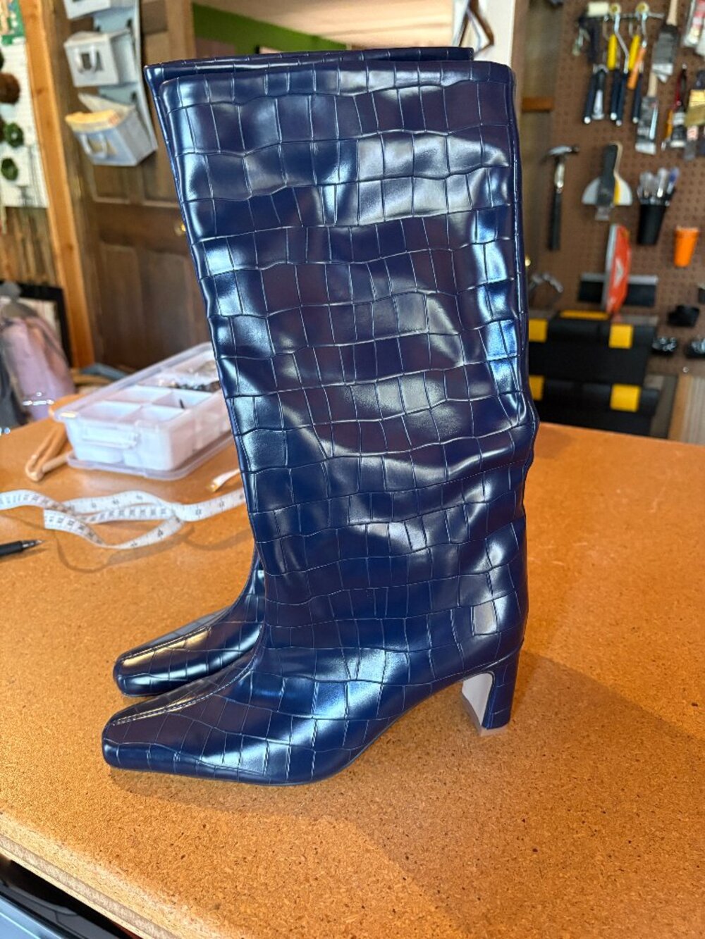 NWOT Croc Embossed Navy Boots Size 6